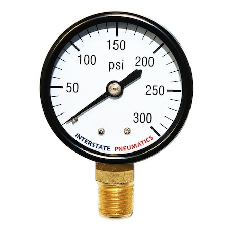 Interstate Pneumatics Pressure Gauge, 0 to 300 PSI psi, 2 in Dial, 1/4 in NPT Bottom Location G2012-300